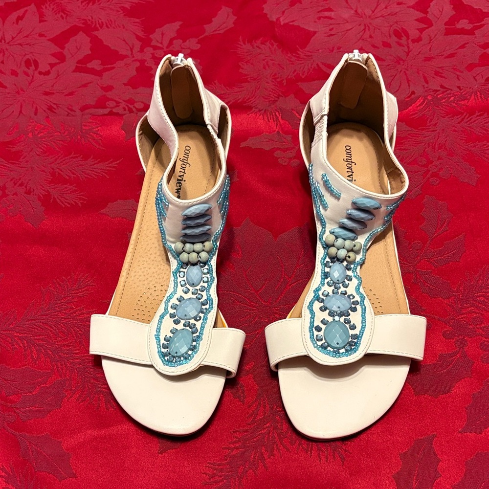 Elegant White and Blue Beaded Sandals 10.5 wide $19